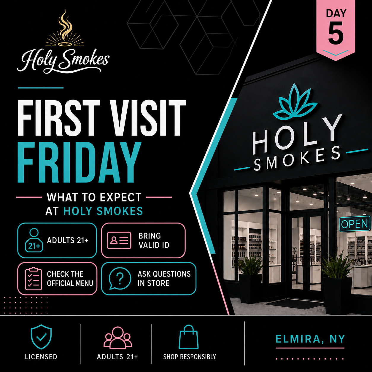 Holy Smokes first-visit guidance social-post design