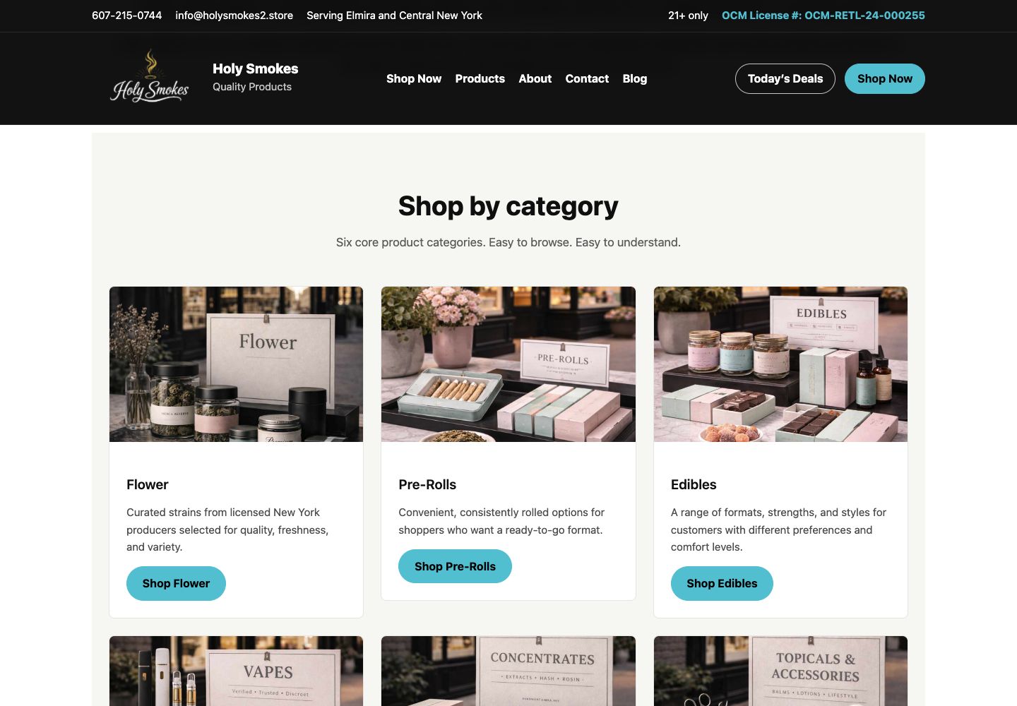 Holy Smokes website Product-category interface: cards, hierarchy and navigation