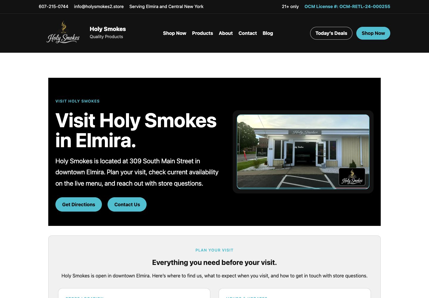 Holy Smokes website Contact page: visit information and inquiry pathways
