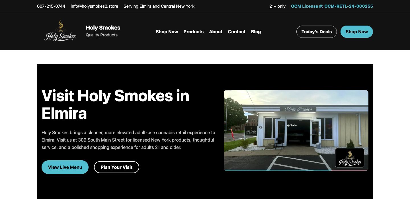 Holy Smokes website Homepage: navigation, positioning and calls to action