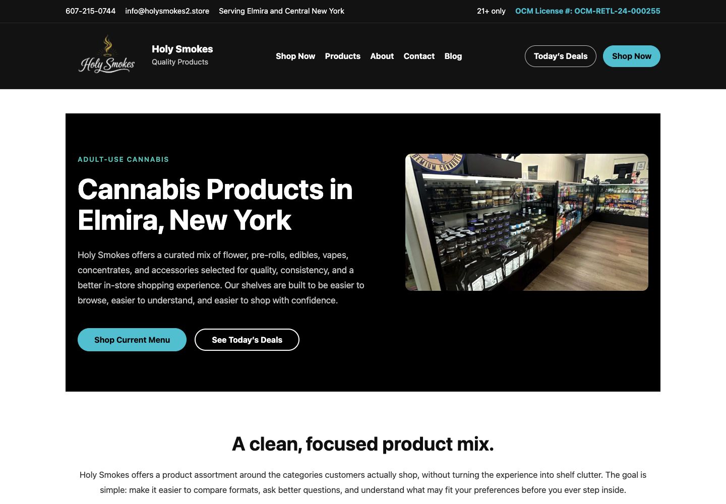 Holy Smokes website Products page: content structure and customer pathways