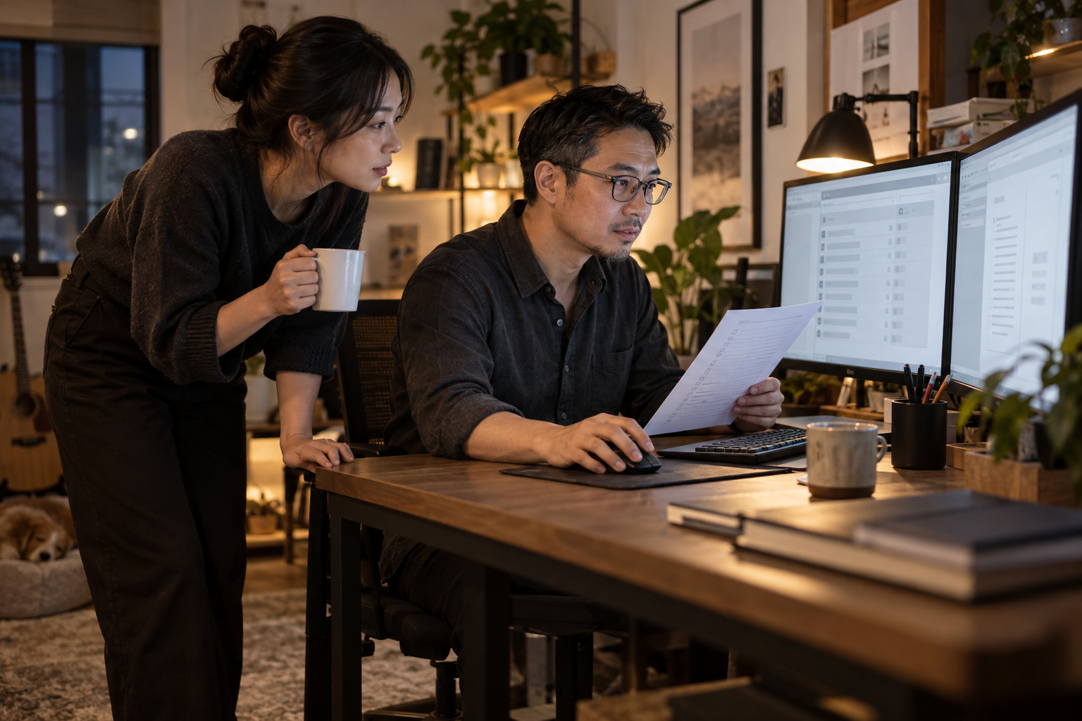 Business owner checking automated output against a printed checklist with a colleague