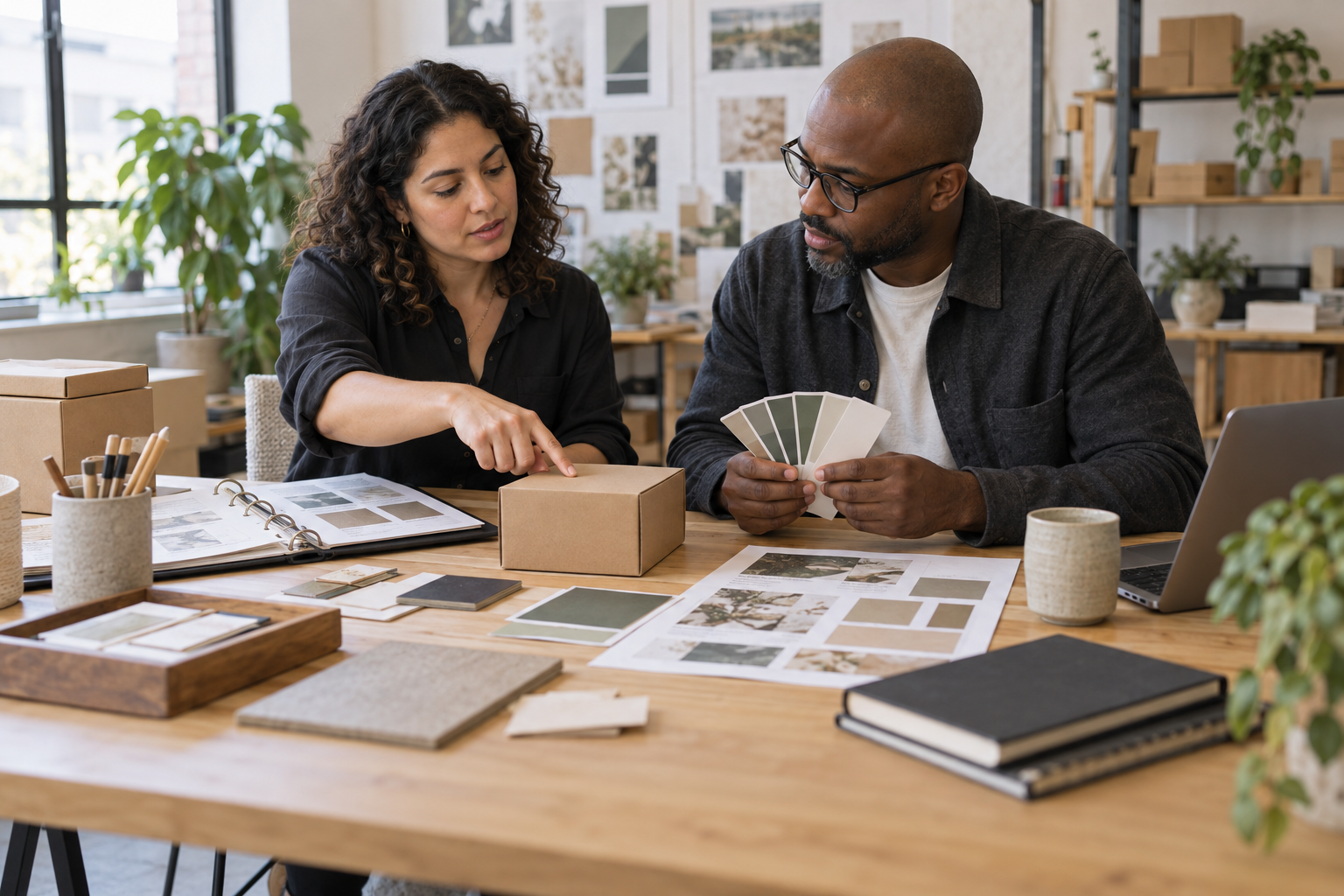 Founder and designer comparing packaging, color swatches and brand guidelines