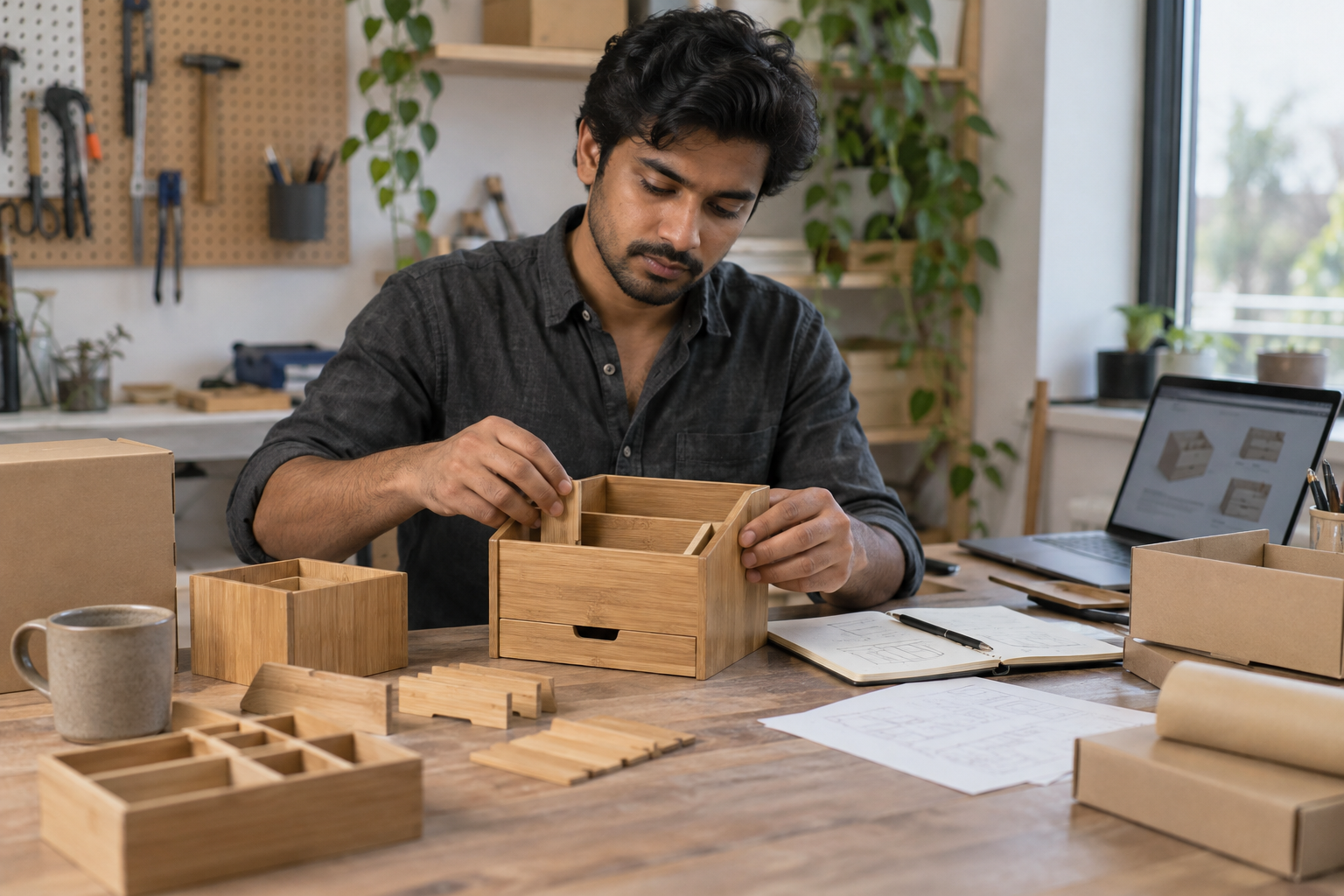 Entrepreneur testing a wooden product prototype beside packaging and planning notes