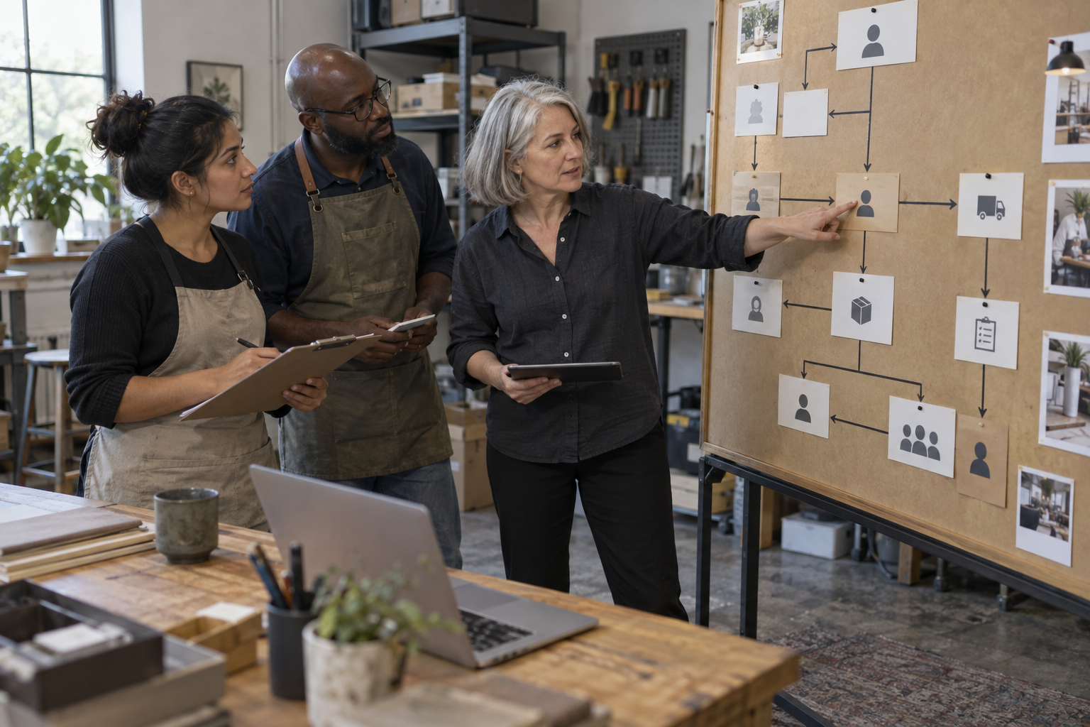 Business owner and team mapping responsibilities and handoffs on a workflow board