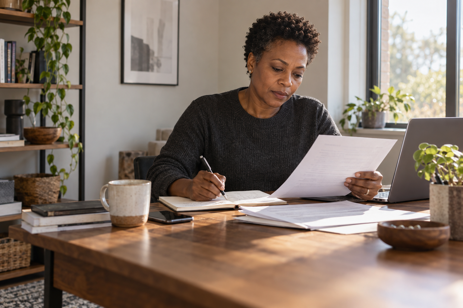 Business owner reviewing a printed guide and writing notes at her desk