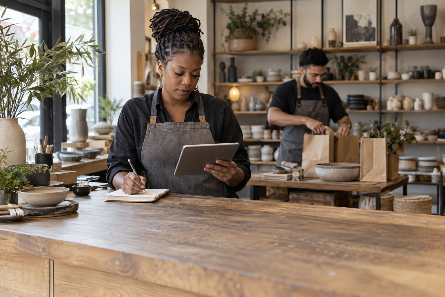 Retail owner reviewing customer inquiries and content while a colleague packs merchandise