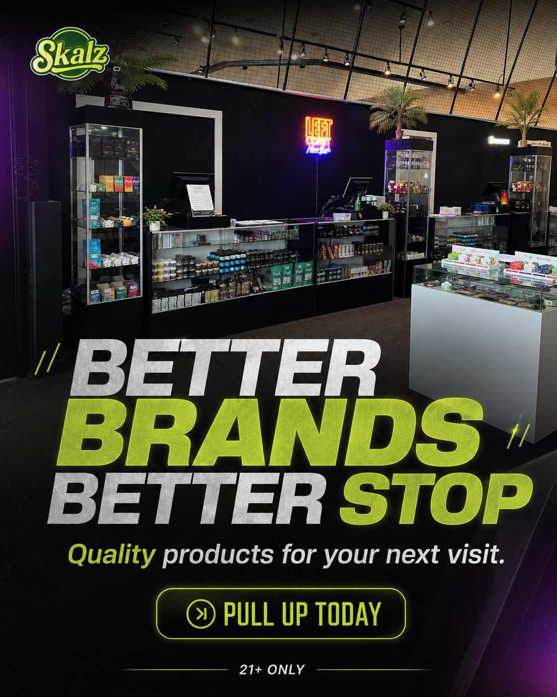 Green, black and white SkaLz campaign graphic promoting brand selection.