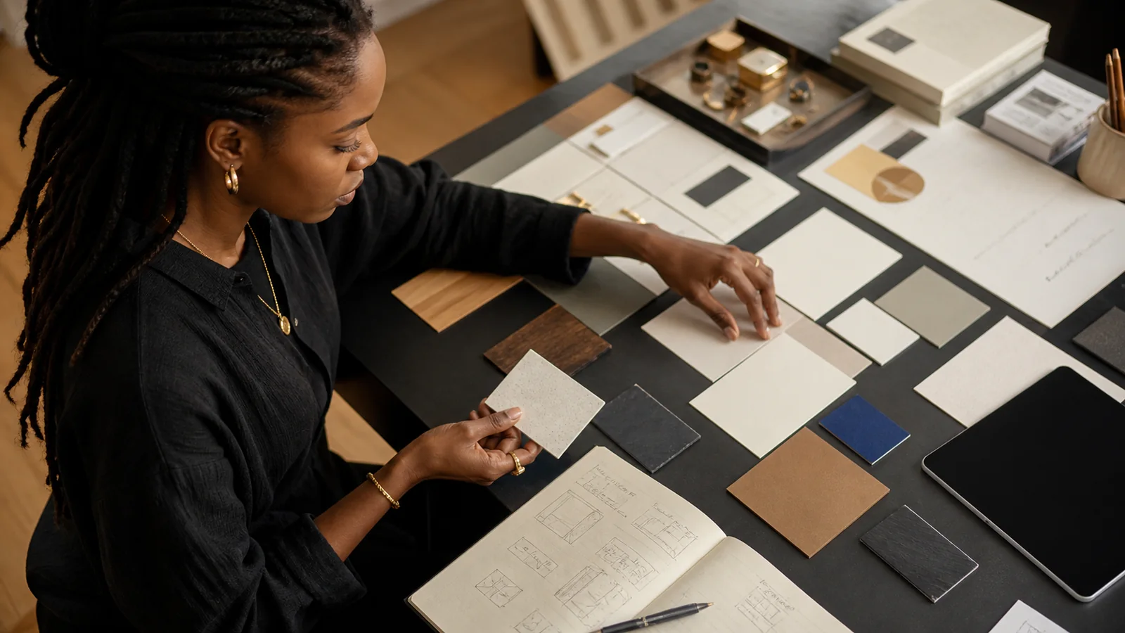 Designer with locs comparing brand colors, paper samples and sketches