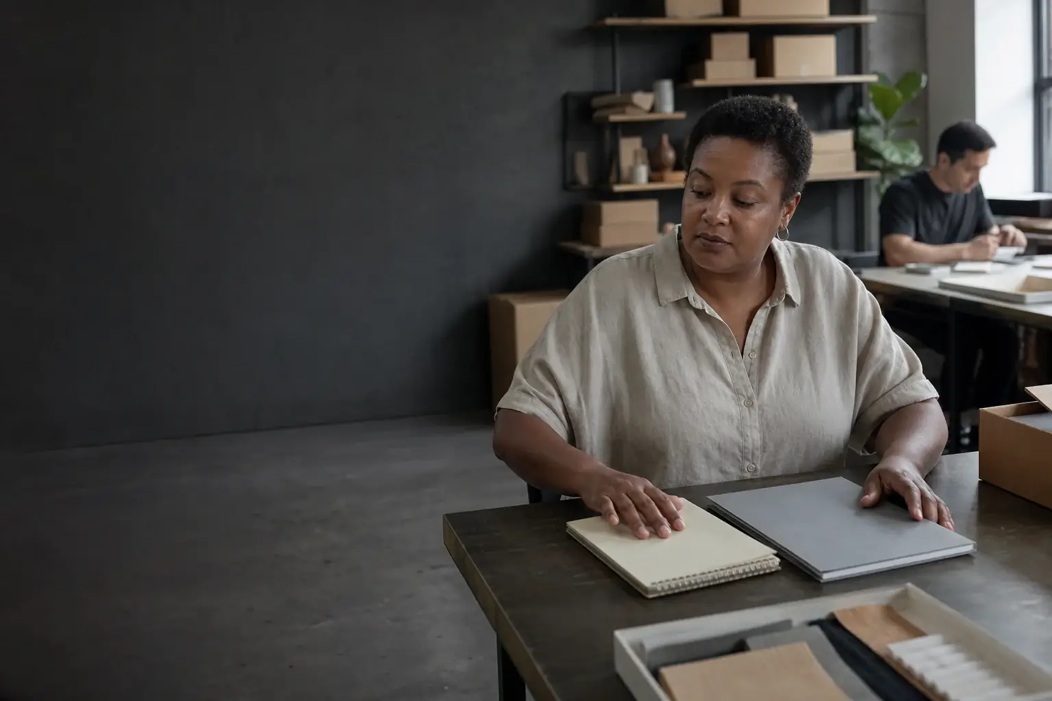 Business owner reviewing notebooks and planning materials at her desk