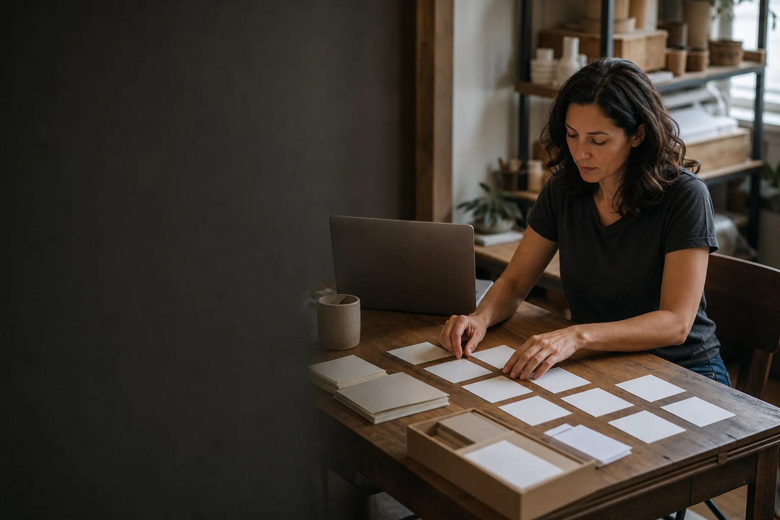 Business owner arranging planning cards beside her laptop