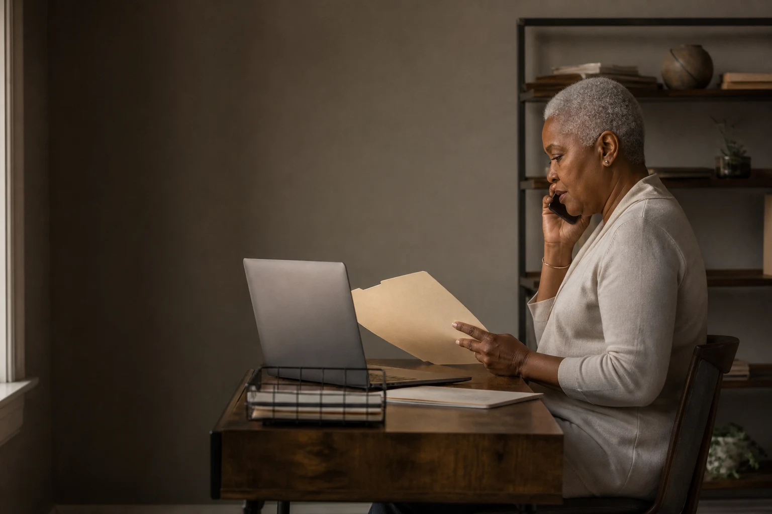 Business owner discussing a document by phone beside her laptop