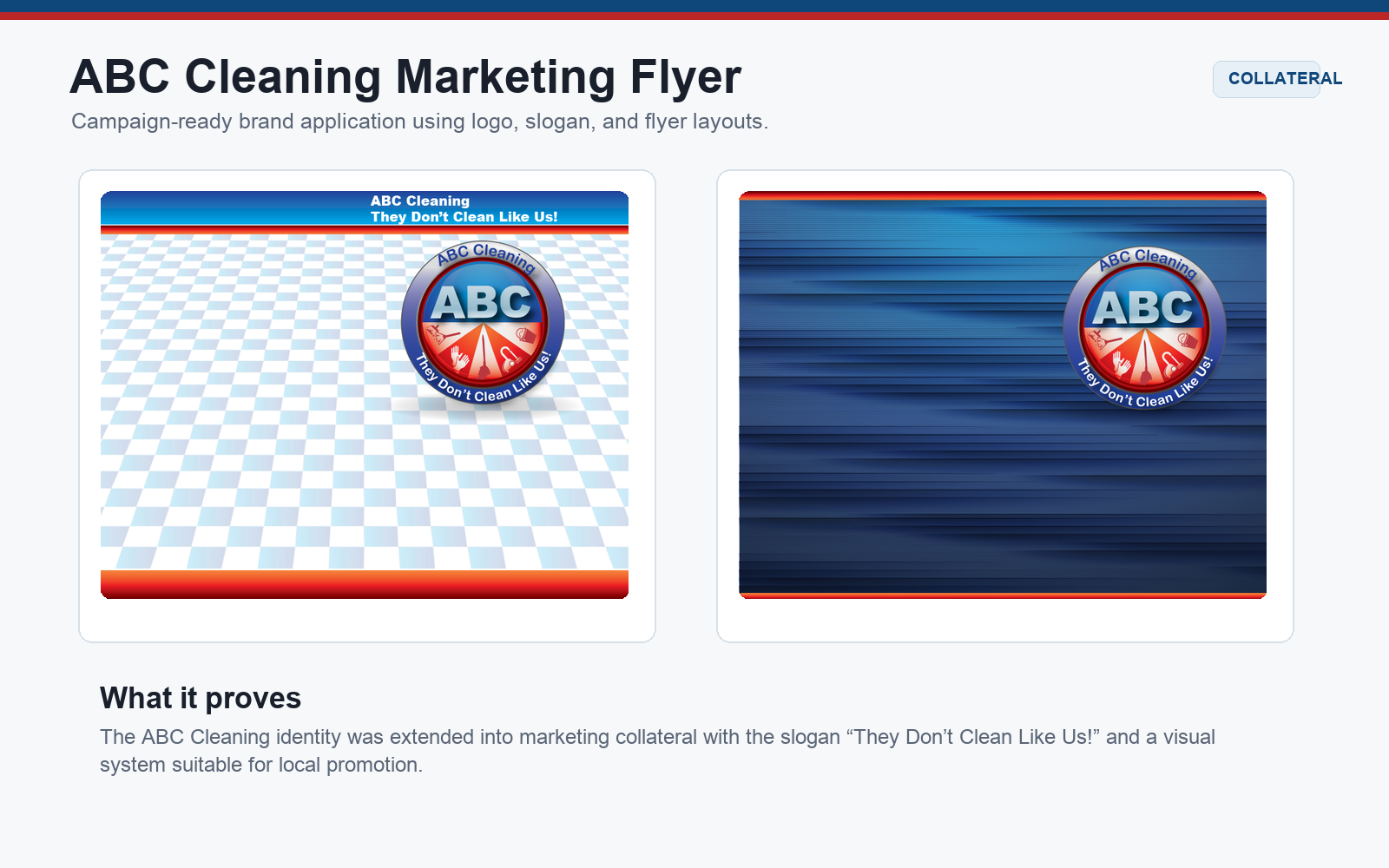 ABC Cleaning marketing flyer proof card showing branded flyer layouts with logo and slogan.