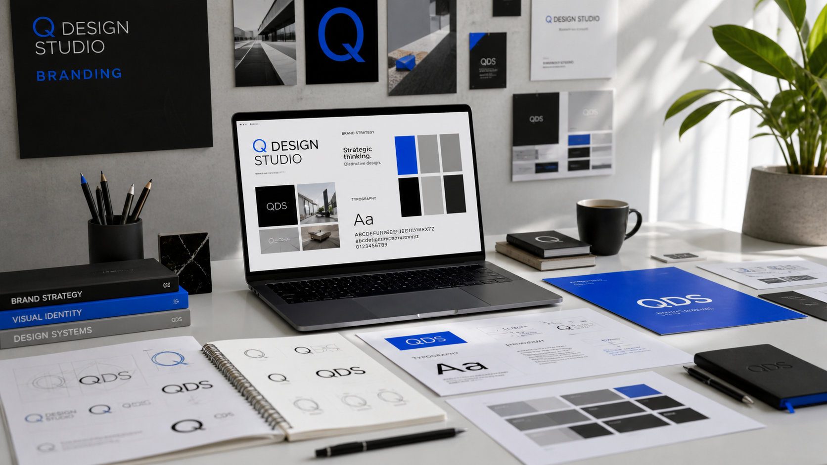 Q Design Studio brand identity visual system desk