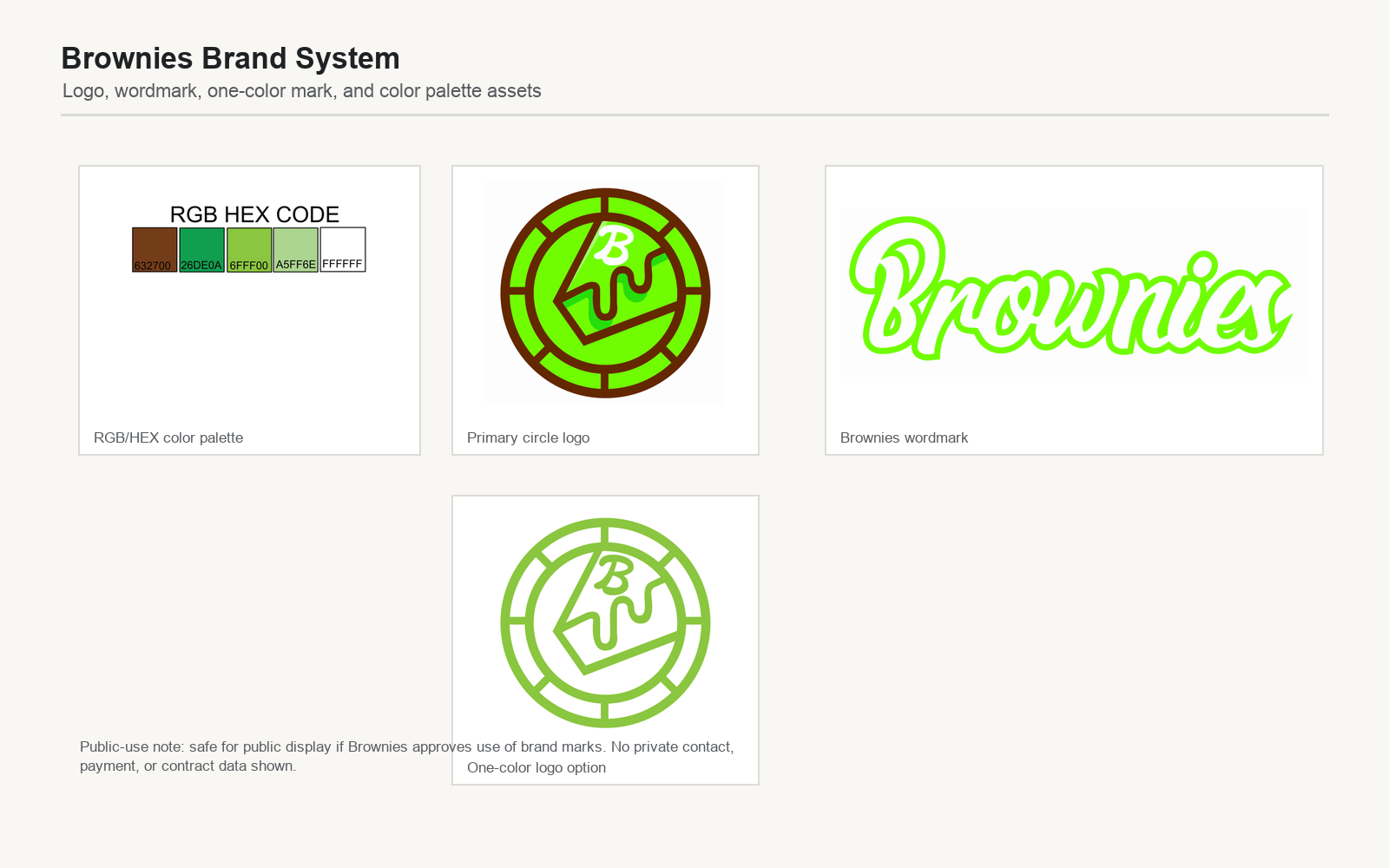 Brownies Brand identity system proof showing logo, color, and business foundation assets.