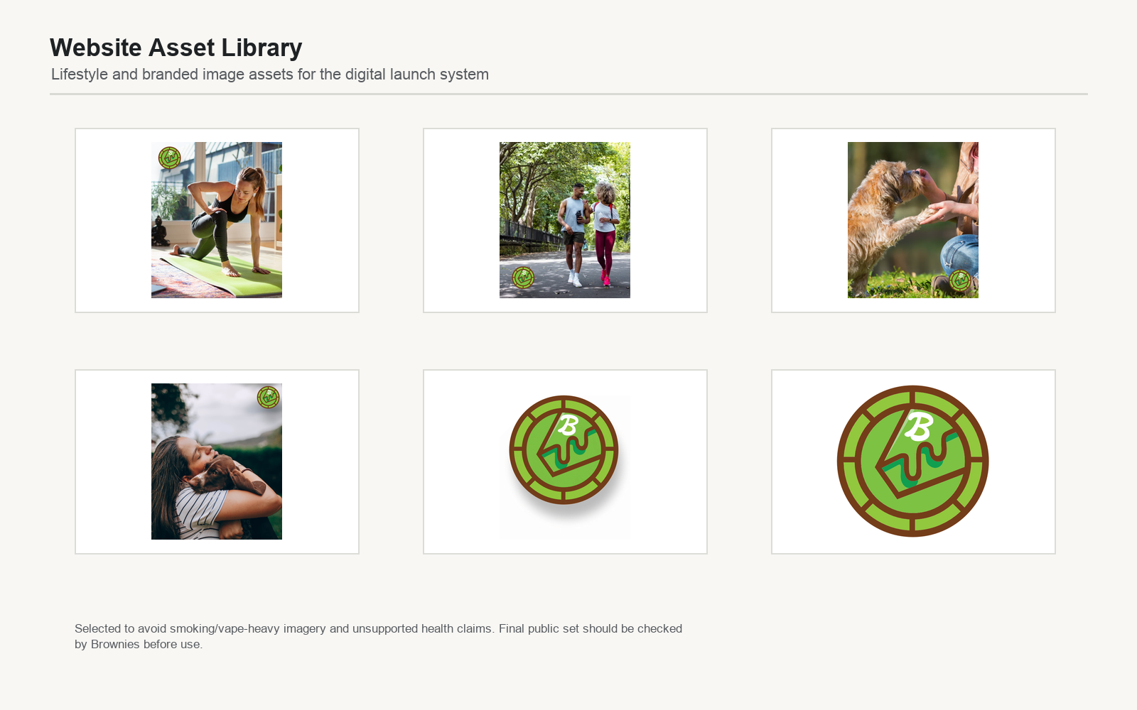 Brownies website asset library showing selected lifestyle and branded visual assets for digital use.