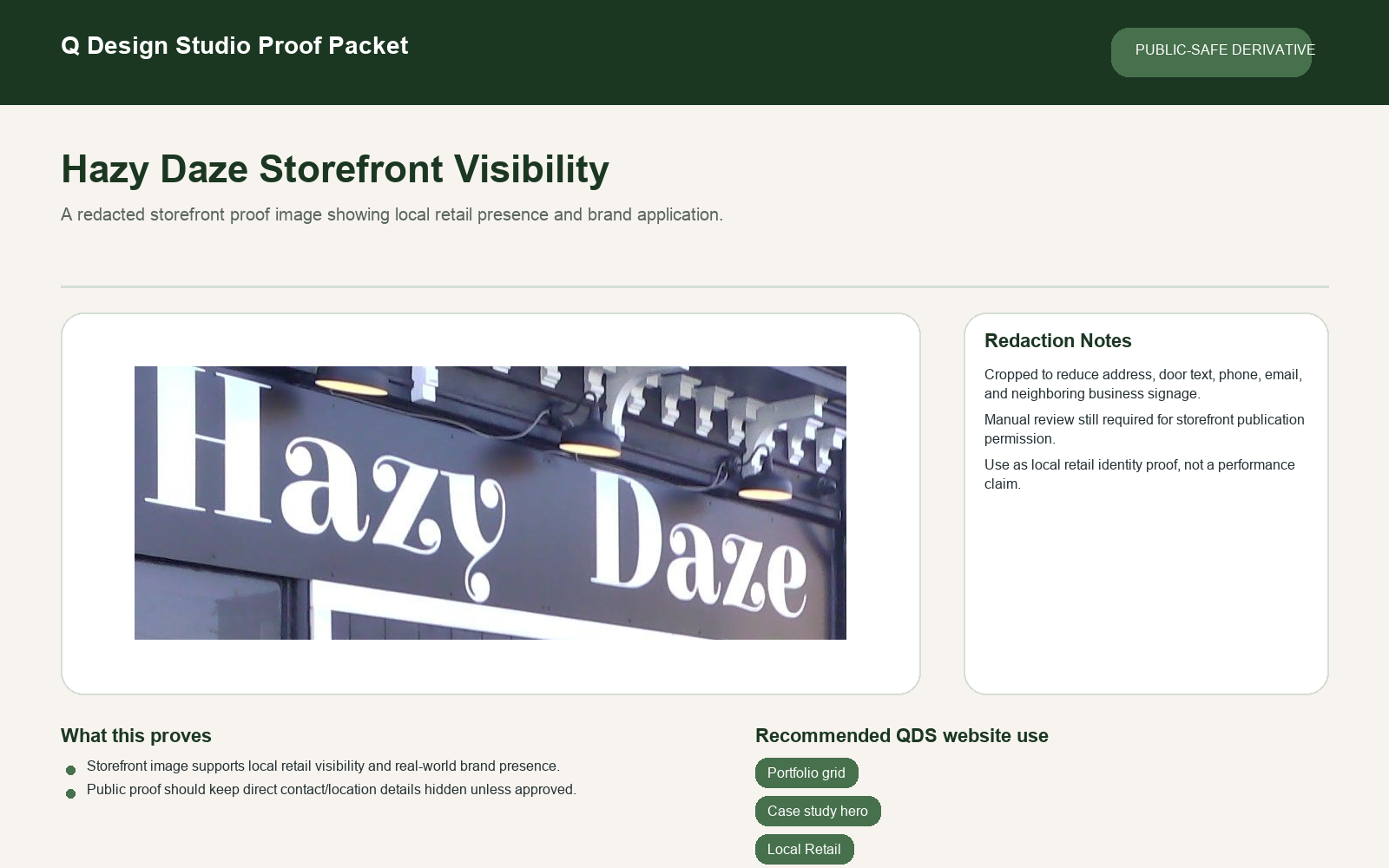 Proof card showing a redacted Hazy Daze storefront sign as local retail visibility proof.