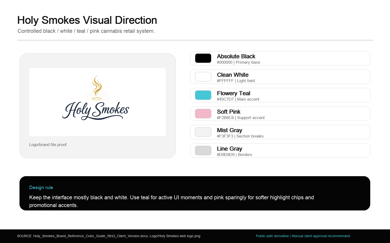 Holy Smokes visual direction proof card showing logo, black, white, teal, pink, and neutral palette choices