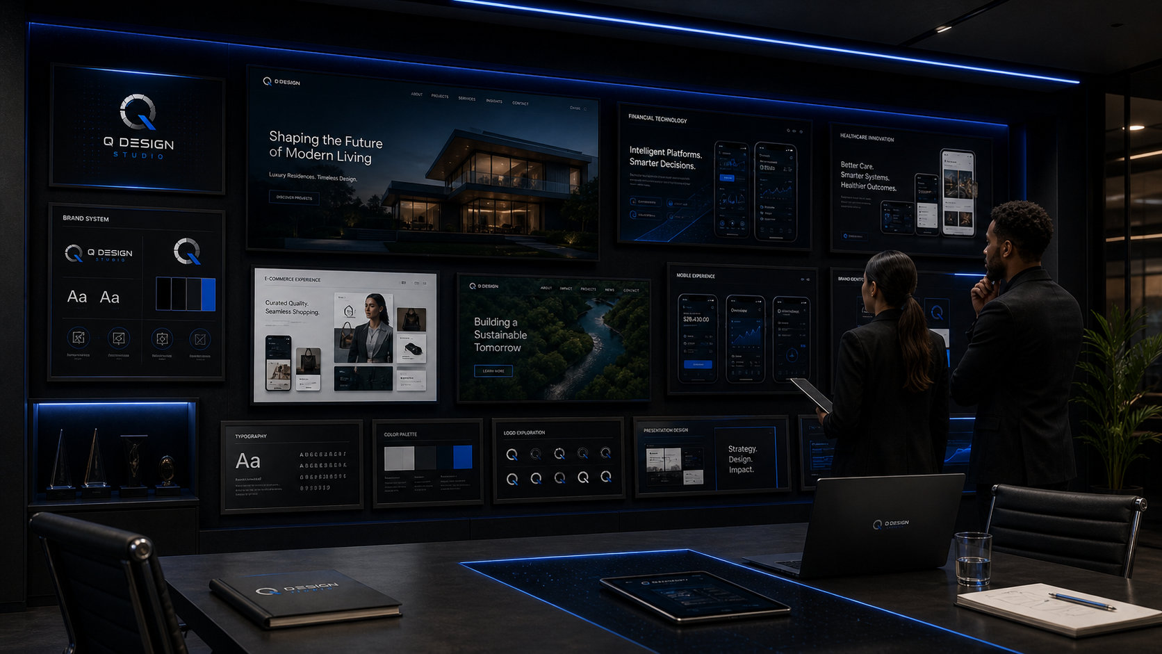 Q Design Studio portfolio digital system mockup