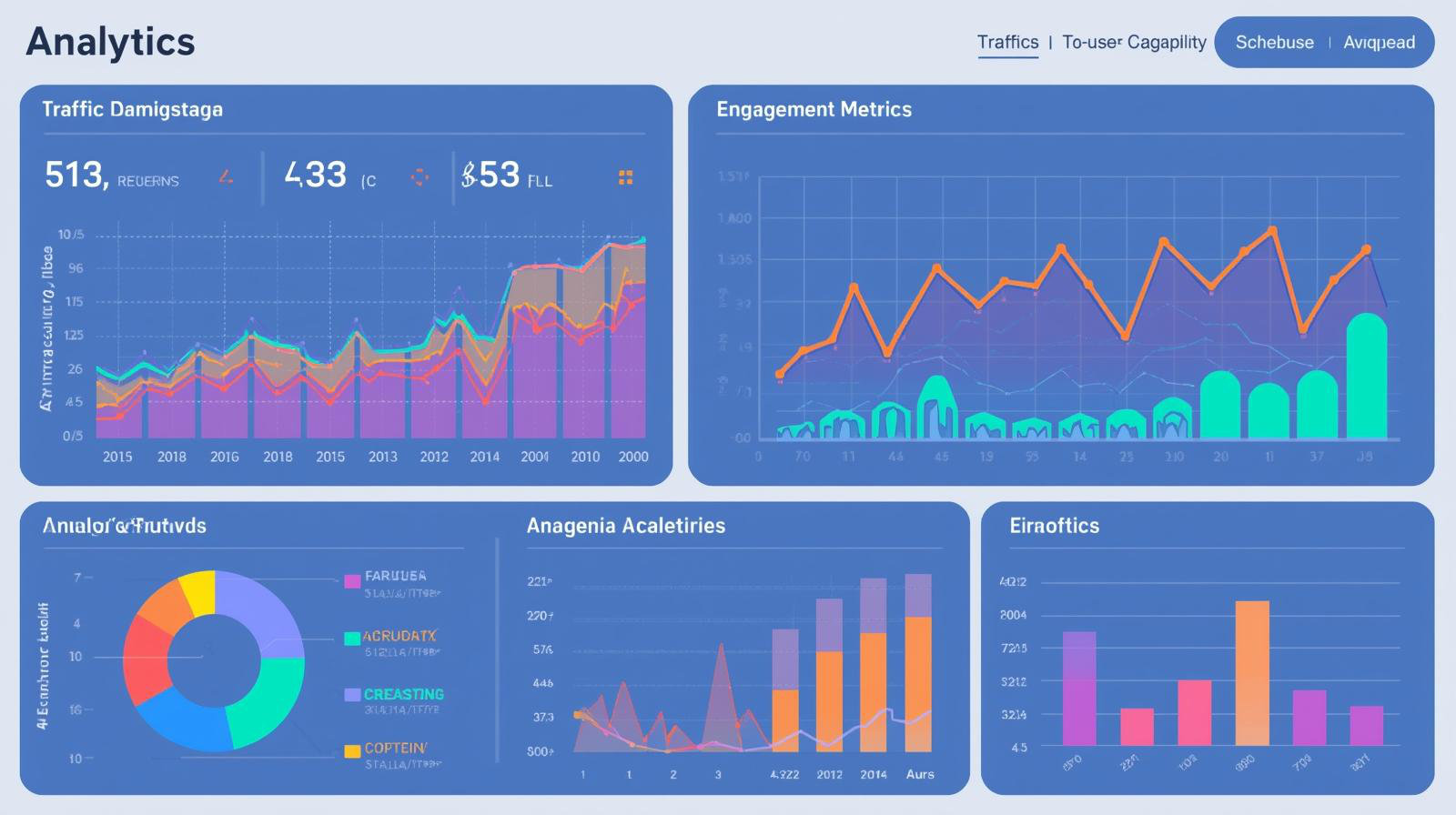 Analytics dashboard with traffic graphs and engagement metric panels.