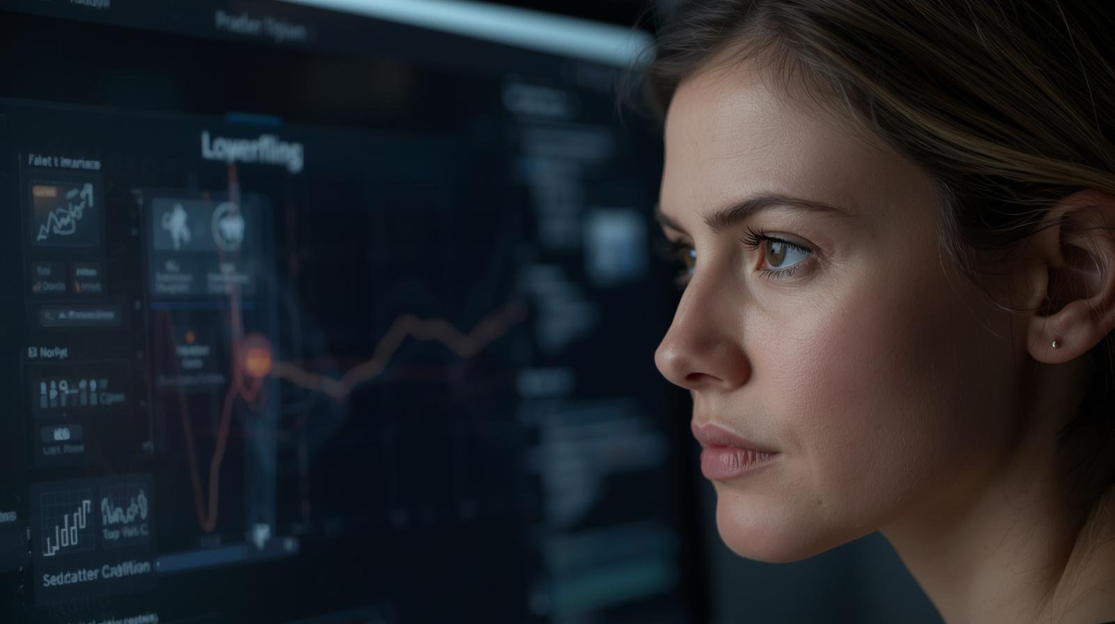 Developer reviewing a website layout on a large monitor with a dark interface.