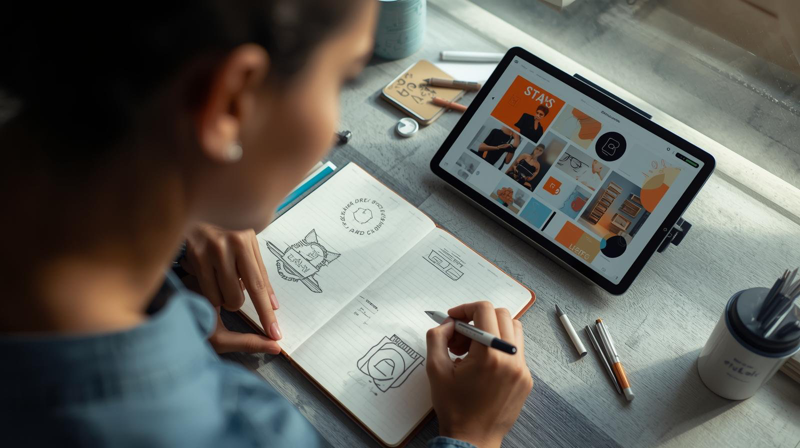 Designer sketching logo concepts beside a tablet for brand identity direction.