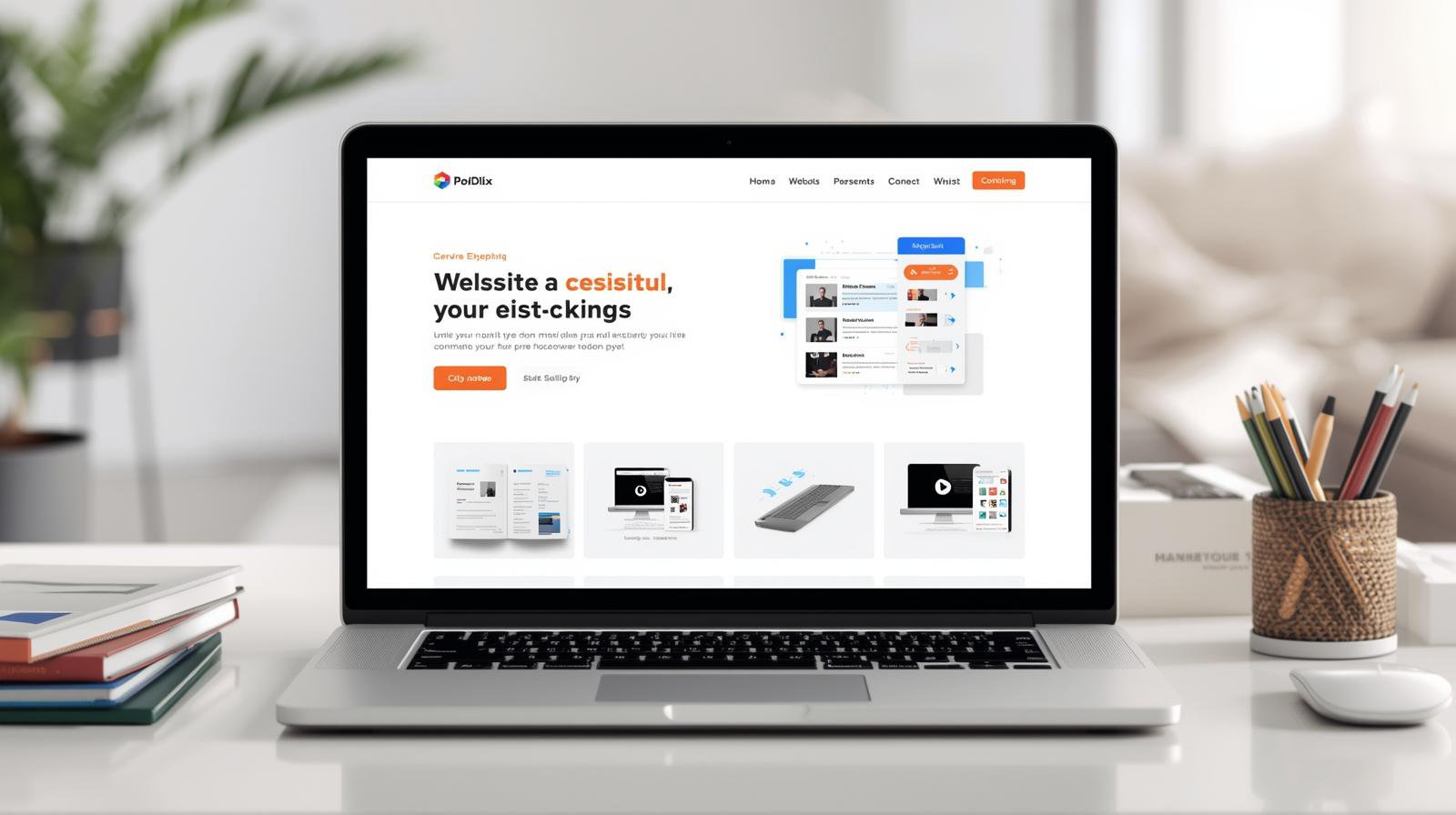 Laptop displaying website wireframe UI design in a clean strategy workspace.