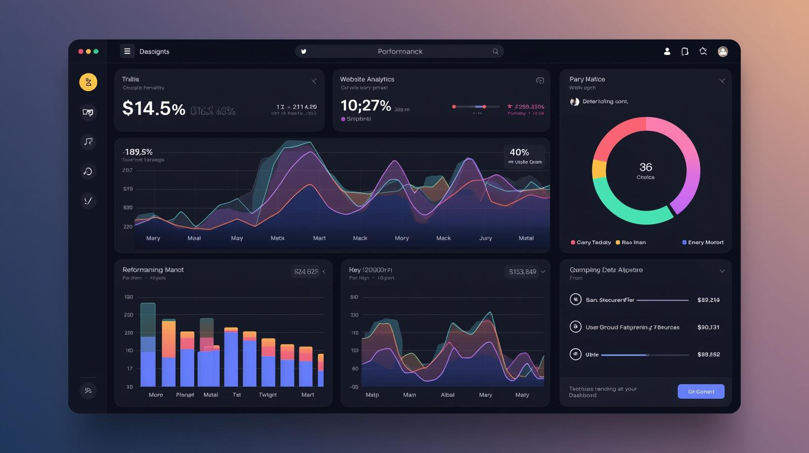 Modern dashboard interface concept with website analytics and performance chart modules.